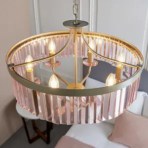 Luminosa Ascoli 6 Light Ceiling Pendant Champagne Paint & Rose Pink Cut Glass