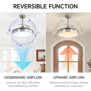 Retractable Ceiling Fan with Lights 42 Inch LED Ceiling Fan Lights with Remote Control and 6 Speed in Brushed Nickel