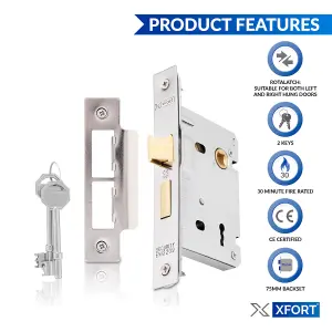 XFORT 3 Lever Polished Chrome Mortice Sashlock 75mm