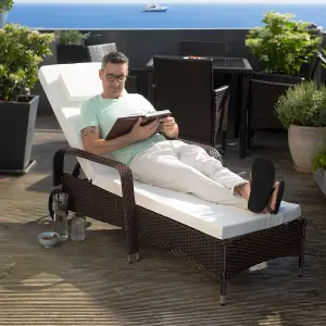 Sun Lounger - 6-position backrest, weather & UV-resistant, soft pillow, two wheels - black/beige