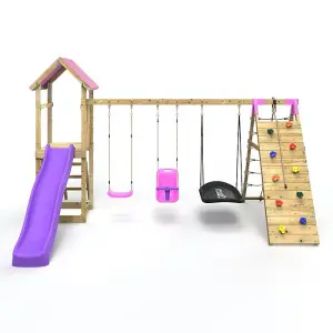 Rebo Challenge Wooden Climbing Frame with Swings, Slide and Up & over Climbing wall - Sanford Pink