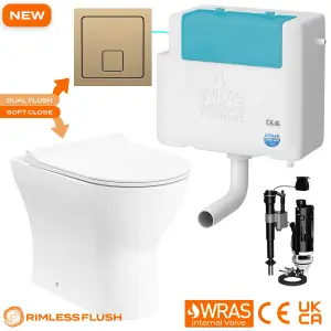 Bubly Bathrooms™ Back To Wall Toilet Rimless D Shape BTW Pan & Bottom Entry Dual Flush Concealed Cistern Set - Brushed Brass Plate