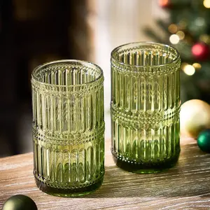 Set of 2 Luxury Green Tall Highball Drinking Glass Tumblers 500ml