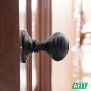 AFIT Beehive Reeded Black Door Knob Set - 3 Pairs of Matt Black Mortice Knobs (55mm) & Latch (76mm) for Internal Doors