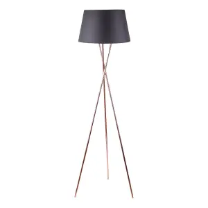 First Choice Lighting Copper Tripod Floor Lamp with Black Fabric Shade