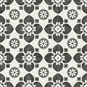 Victoria Floral Black Grey Tile Effect Vinyl Floor 4.5m x 2m