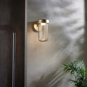 Brushed Gold Outdoor Wall Light with Glass Shade - IP44 Rated - Integrated LED