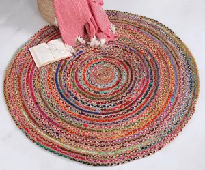 MISHRAN Round Jute Area Rug Hand Woven with Recycled Fabric 60 cm Diameter