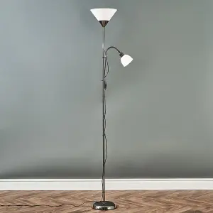 ValueLights Mozz Black Brushed Chrome 2 Way Parent & Child Uplighter and Spotlight Design Floor Lamp - with 2 x LED Bulbs