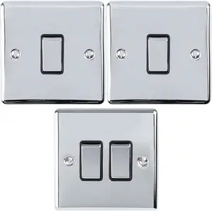 Light Switch Pack - 2x Single & 1x Double Gang - CHROME / Black 2 Way 10A