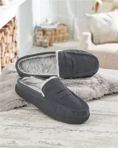 Cotton Traders Men's Suede Fur-Lined Mule Moccasin Slippers In Grey - Size 9