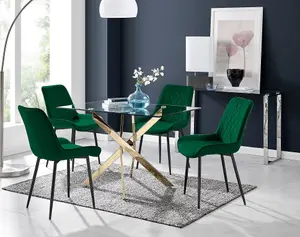 Furniturebox UK Leonardo 4 Gold Dining Table and 4 Green Pesaro Black Leg Chairs