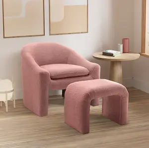 Boucle Teddy Fabric Pink Nicci Accent Chair with Footstool