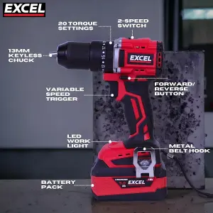 Excel 18V Cordless Brushless Combi Drill with 1 x 2.0Ah Battery & Charger