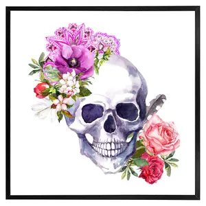 Human skull with flowers (Picutre Frame) / 12x12" / White