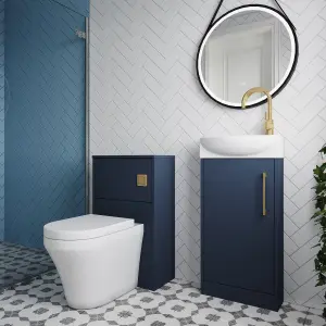 Cloakroom Suite - Left Hand 440mm Vanity, WC Unit, Toilet and Tap - Blue/Brass