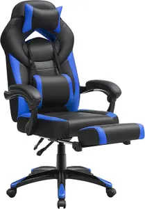 SONGMICS Gaming Chair, Office Racing Chair with Footrest, Desk Chair, Ergonomic Design, Lumbar Support,Black and Blue