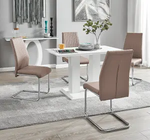 Furniturebox UK 4 Seater Dining Set - Imperia White High Gloss Dining Table and Chairs - 4 Beige Lorenzo Chrome Dining Chairs