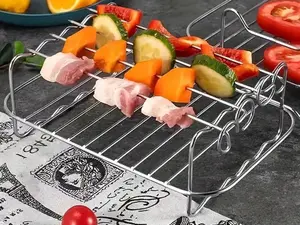 Rectangle Air Fryer Skewer Rack Grill With 4 Metal Kebab Vegetable Skewers 20cm