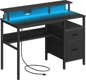 VASAGLE Gaming Desk with LED Lights and Built-In Power Outlets, Computer Desk with Monitor Shelf, Corner Desk, Ebony Black