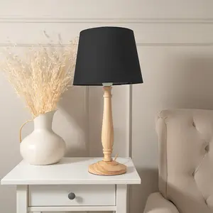 ValueLights Victoria Traditional Light Wood Candlestick Table Lamp with Black Tapered Shade