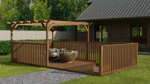 Rectangular pergola and decking kit with balustrade V.10, 3m x 3.6m, Rustic brown finish