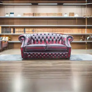 Chesterfield 2 Seater Antique Oxblood Red Leather Sofa Bespoke In Buckingham Style