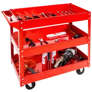 Tool Trolley Set of 2 - with 3 shelves, wheels, push handle - red