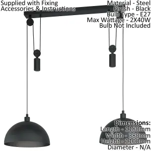 Hanging Ceiling Pendant Light Black Rise & Fall 2x 40W E27 Adjustable Height