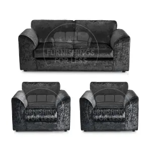 Crystal Crushed Velvet 3 Piece Sofa Set - 3 1 1 Black - Full Back