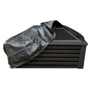 35" Square Outdoor Fire Pit, Mesh Screen Lid, Black with Water Resistant Drawstring Cover - DG238