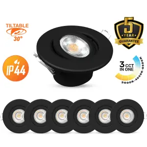 paul russells LED Downlight Black Tilt Recessed Ceiling Spotlight  4.8W 440 Lumens, IP44, Colour Changeable CCT3 Pack of 6