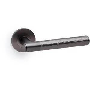 SOLID BRASS Hammered Door Handle Set - Dark Bronze Straight Lever On Round Rose