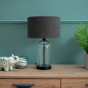 ValueLights Jessy Glass and Black Metal Bedside Table Lamp with a Charcoal Grey Lampshade - Bulb Included