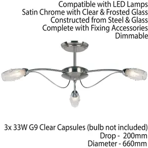 Semi Flush Ceiling Light Satin Chrome & Glass 3 Bulb Water Drop Shade Pendant