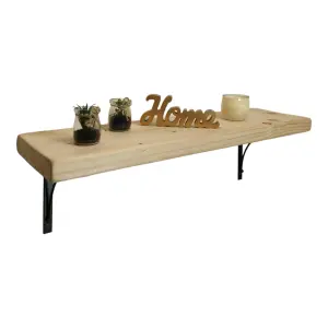 Solid Wood Handmade Rustical Shelf Unprimed 225mm 9 inch with Black Metal Bracket BOW Length of 200cm