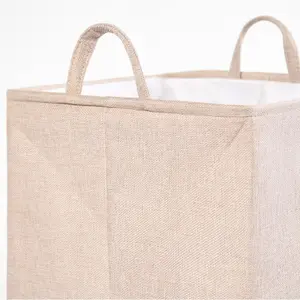 Laundry Basket Bag Foldable Drawstring Clothes Organiser Faux Linen, Beige