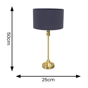 ValueLights Maggie Gold Metal Candlestick Slim Table Lamp with Navy Blue Fabric Drum Lamp Shade and LED Bulb