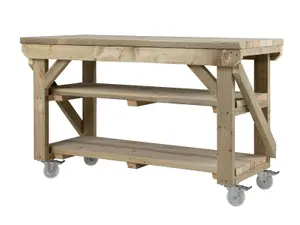 Indoor/outdoor workbench pressure treated station (H-90cm, D-64cm, L-90cm) double shelf and wheels