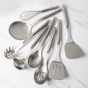 8pc Stainless Steel Utensil Set with Slotted Spoon, Turner, Cooking Spoon, Ladle, Pasta Server, Strainer, Whisk & Fish Slice