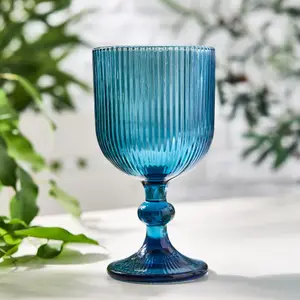 Set of 8 Vintage Luxury Blue Ribbed Drinking Wine Glass Wine Goblets 360ml