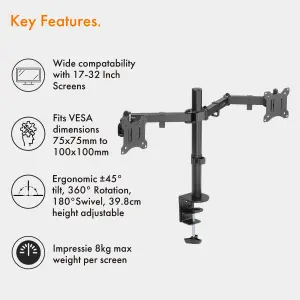 VonHaus Dual Monitor Arm for 13 to 32 Inch Screens - Dual Monitor Desk Mount with Clamp - 180 Tilt and 360 Rotation & Swivel