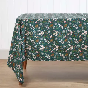 Homescapes Festive Forest 100% Cotton Green Christmas Tablecloth 137 x 137 cm