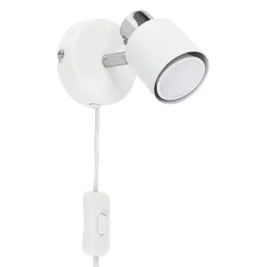 ValueLights Pair Of White And Chrome Single Adjustable Wall Spotlights With Plugs Cable And Switches