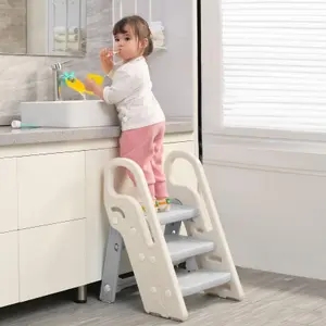 Adjustable 3 Step Stool, Grey&White Kitchen Standing Tower