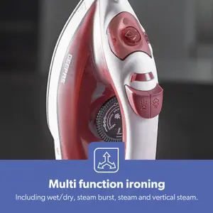 Geepas 1800W Steam Iron Dry & Wet Steam Iron, Variable Temperature Control, Non-Stick Soleplate, 120ml Tank, Red