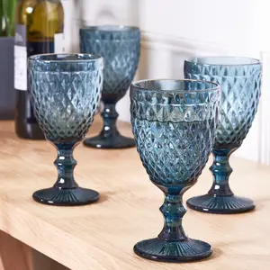 Set of 12 Vintage Luxury Blue Embossed Diamond Drinking Wine Glass Wine Goblets 270ml