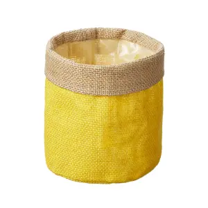 Yellow Hessian Lined Plant Pot Cover. H13 x W13 cm