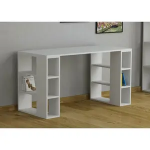 Simone Modern Desk with Built-in Bookcase – Stylish Workspace Desk with 6 Open Shelves White / White