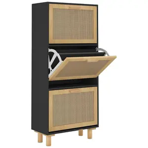 Shoe Cabinet Black 52x25x115 cm Engineered Wood&Natural Rattan